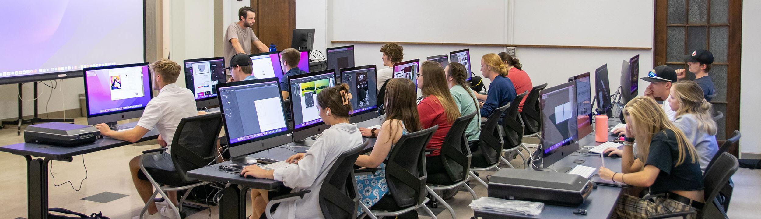 Classroom with three rows of desks.